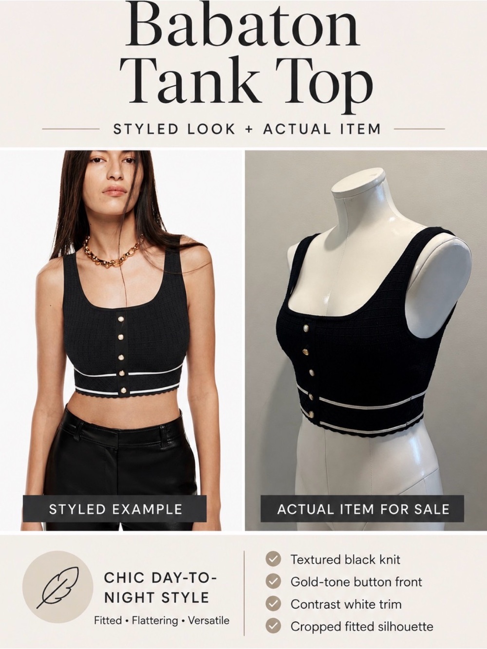 Babaton Knit Black Cropped Tank Top with Button Front